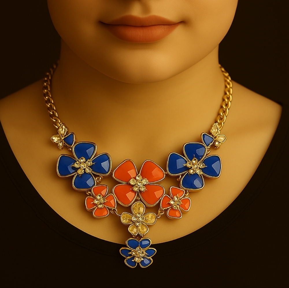 Colorful Floral Statement Necklace Blue Coral Crystal Gold Tone Bib Bold Jewelry
